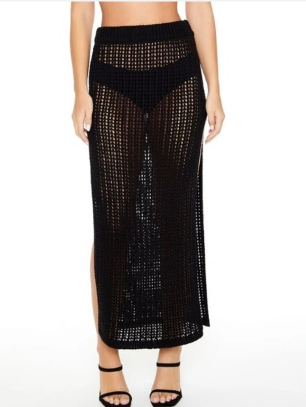 🚨NEW FOREVER 21 Black Crochet Cut Out Maxi Skirt Swim Cover Festival Beach Sz S - Picture 5 of 11
